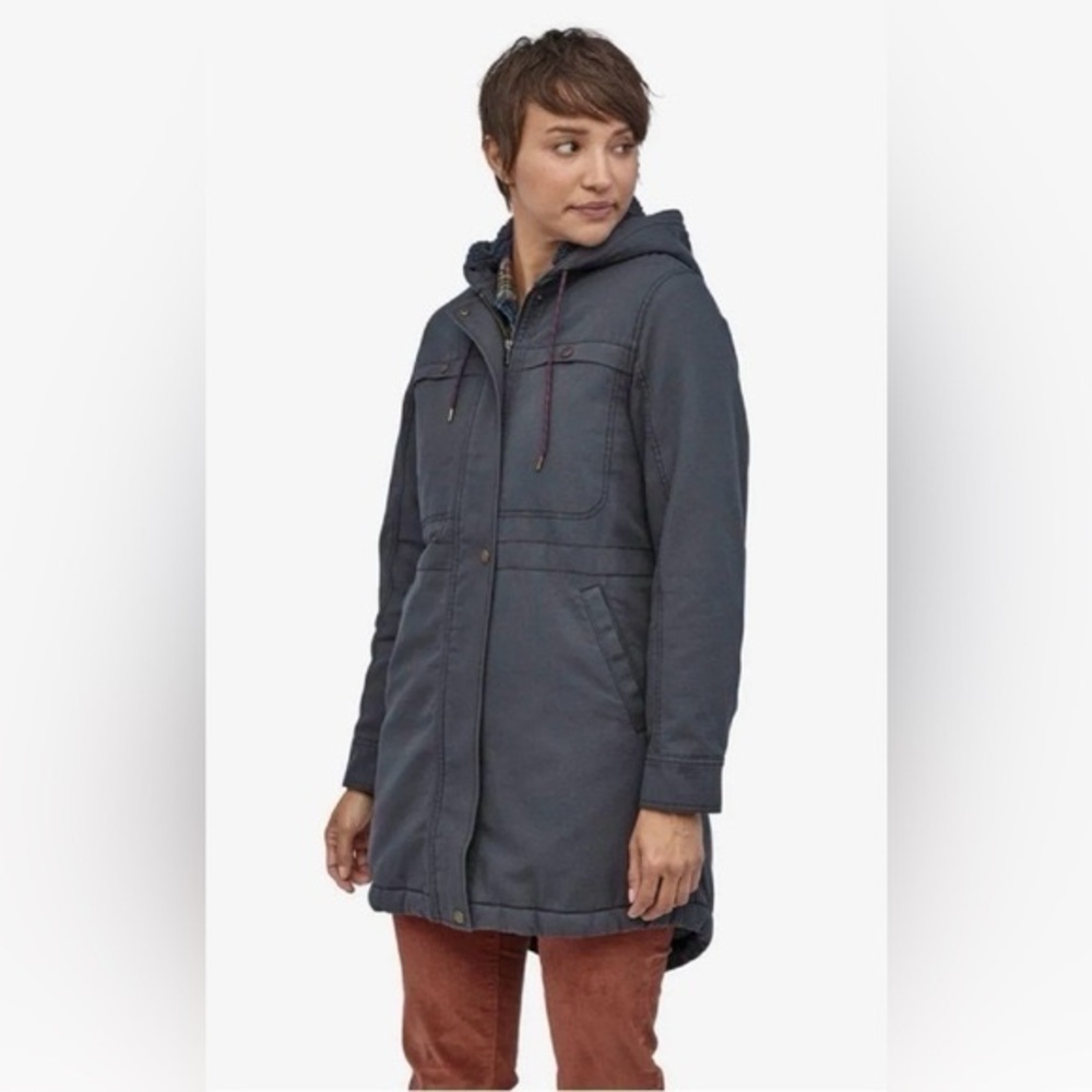 Patagonia Women's Navy Prairie Dawn Hooded Insulated Long Jacket - Picture 6 of 7